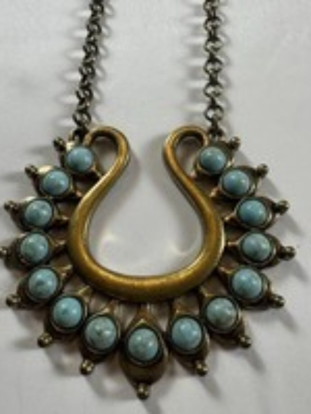 Vintage 1970s Naja Crescent Pendant Necklace Long 37" Turquoise Tone Brass GUC
